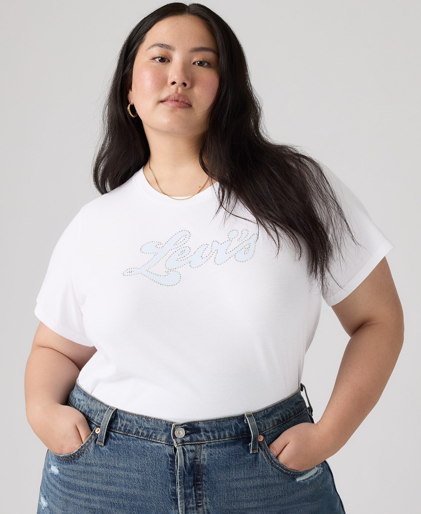 Levi's Plus Size Rhinestone Perfect Graphic Logo Cotton T-Shirt - Rhinestone Sporty Levis Bright White