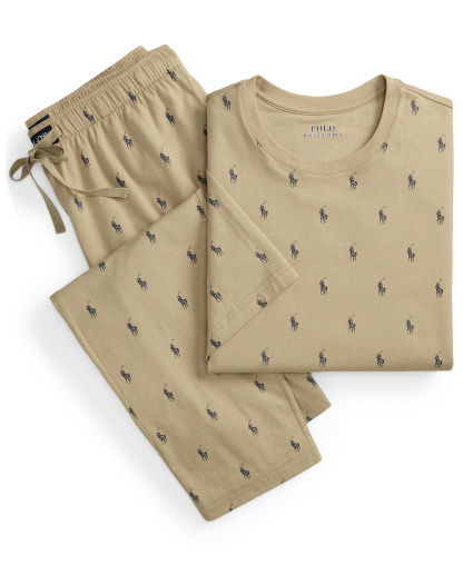 Polo Ralph Lauren Men's Crewneck T-Shirt and Pajama Pants, 2-Piece Set - Classic Khaki/ Cruise Navy All Over Polo Player