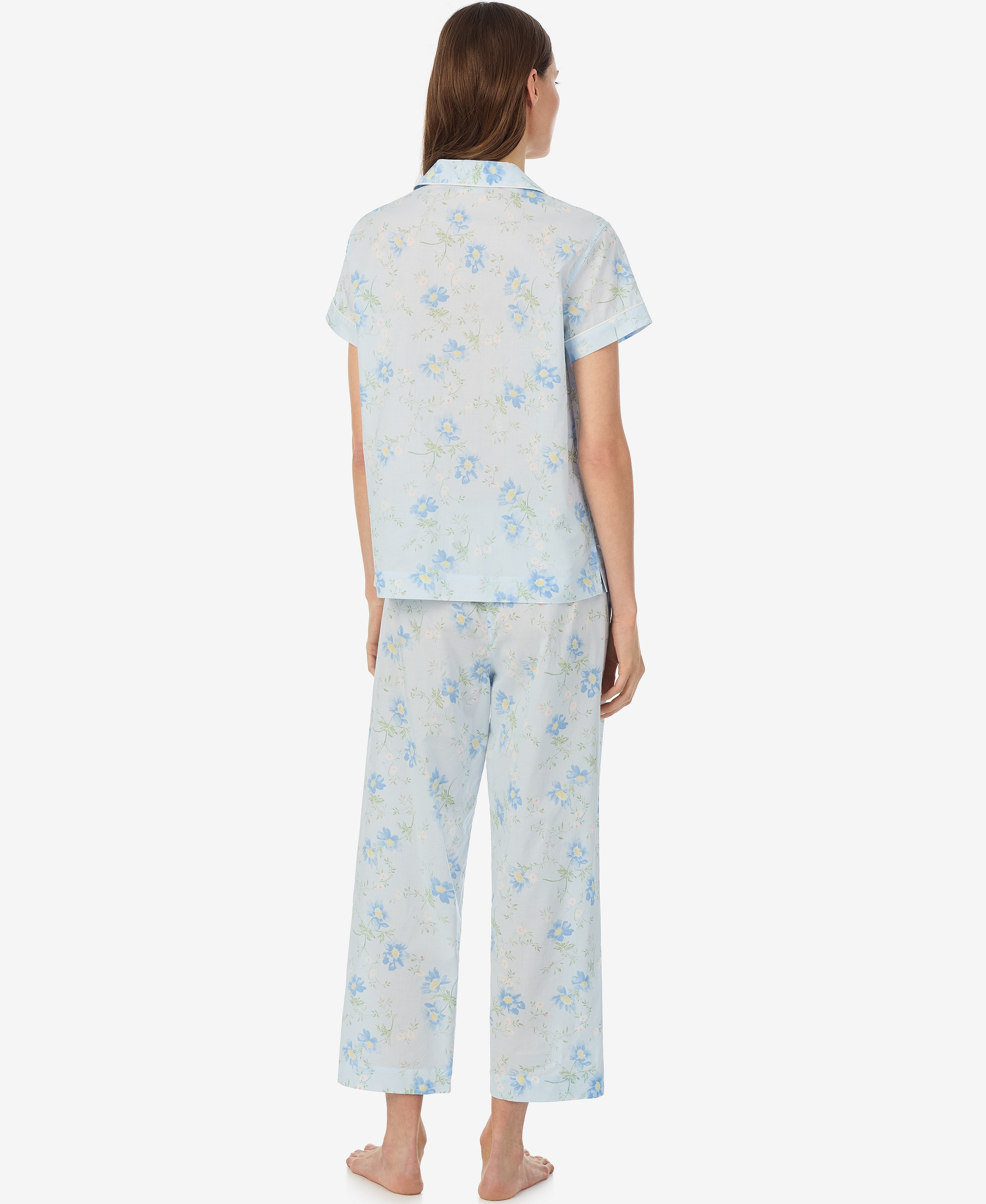 Lauren Ralph Lauren Women's Notch Collar Top and Cropped Pajama Pants, 2-Piece Set - Light Blue Floral