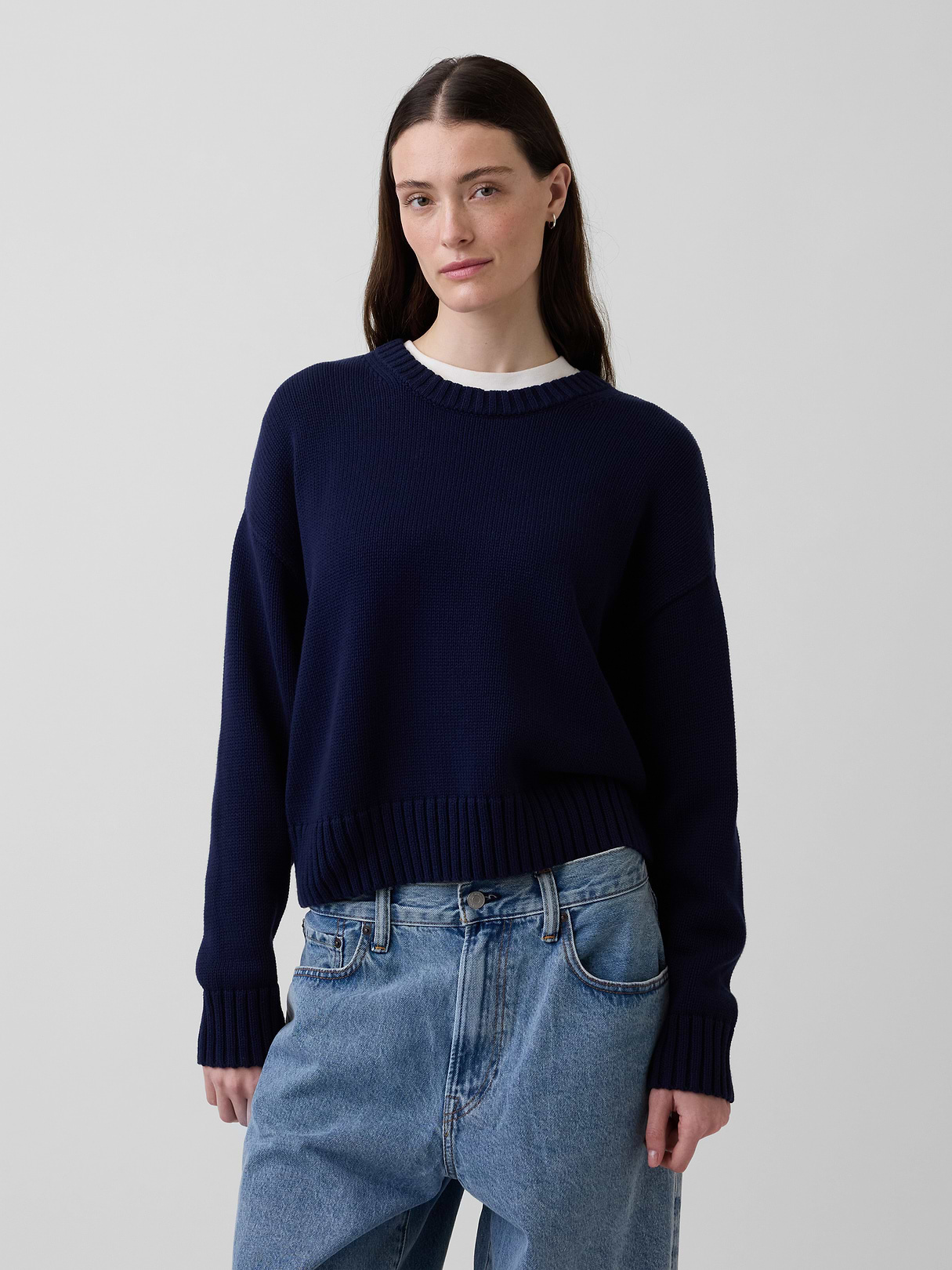 100% Cotton Oversized Crop Sweater - Navy blue