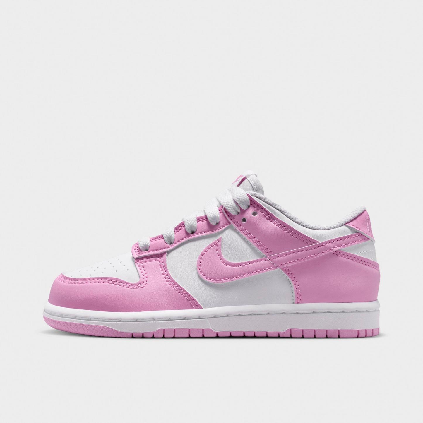 Little Kids' Nithtke Dunk Low Casual Shoes - Part 2 - White/White/White/Pink Rise - Left shoe facing left. Outside of the shoe.
