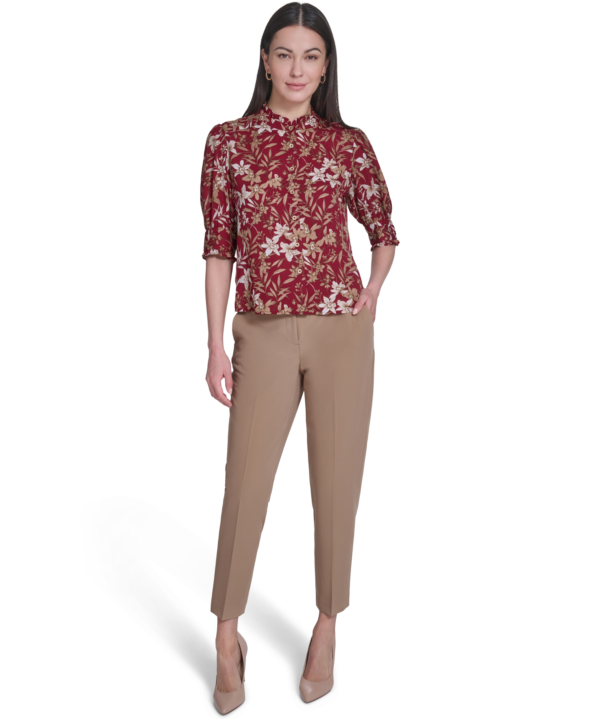 Tommy Hilfiger Women's Ruffle Puff-Sleeve Collared Shirt - Crimson/Tint