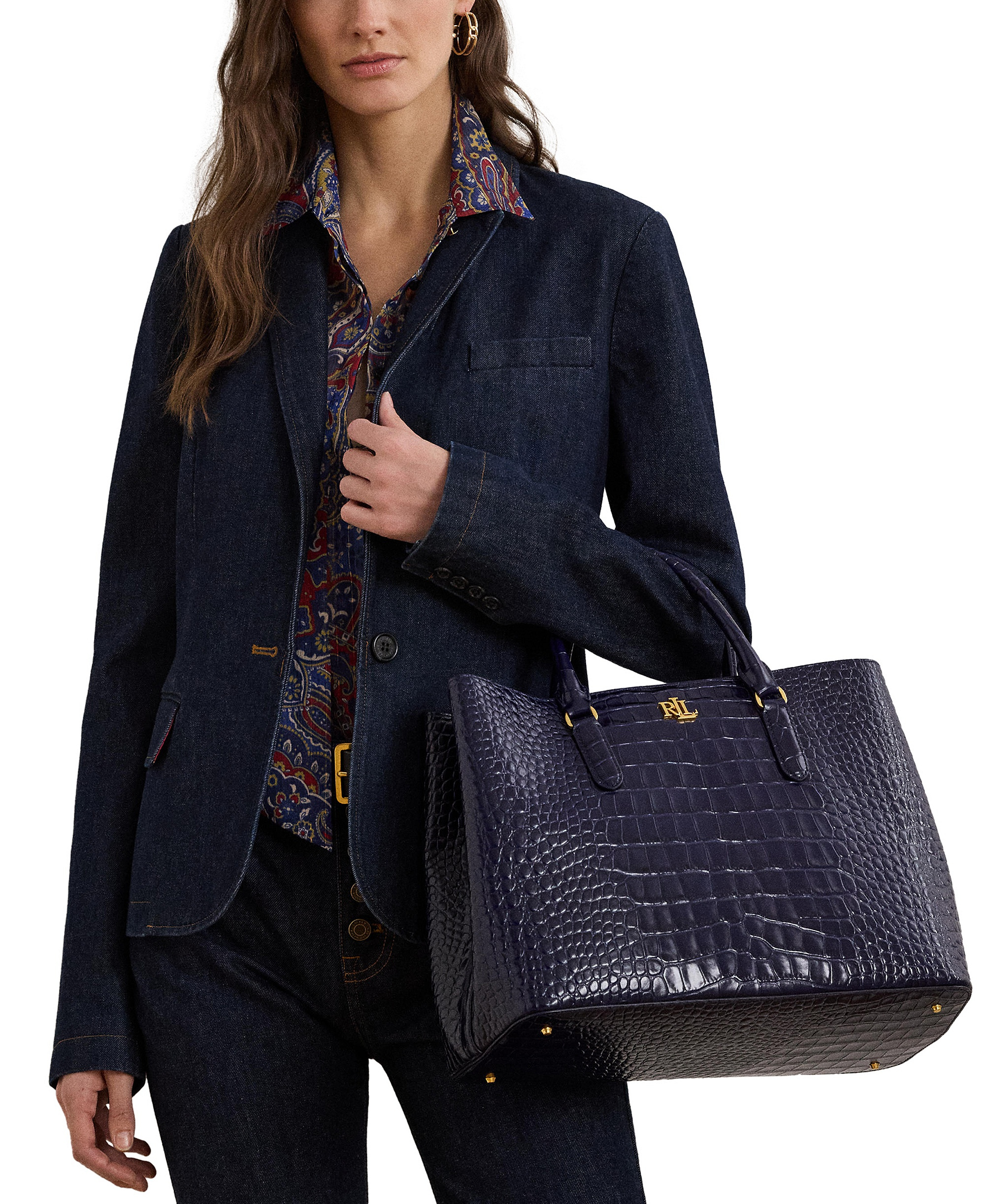 Lauren Ralph Lauren Marcy Large Embossed Satchel Bag - Refined Navy