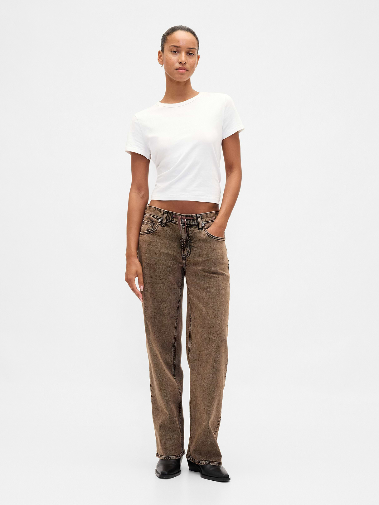 Low Rise Lace-Up '90s Loose Jeans - Brown acid wash