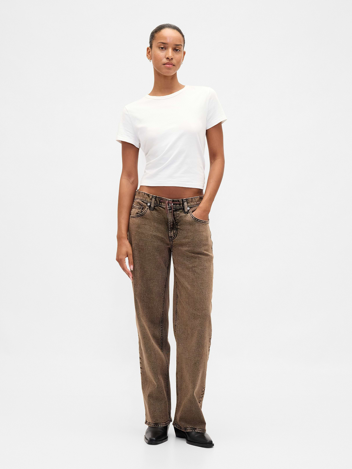 Low Rise Lace-Up '90s Loose Jeans - Brown acid wash