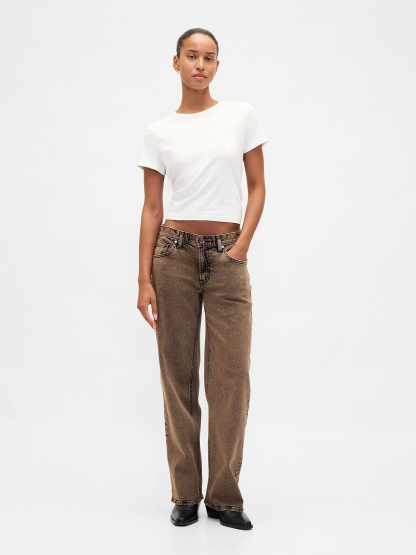 Low Rise Lace-Up '90s Loose Jeans - Brown acid wash