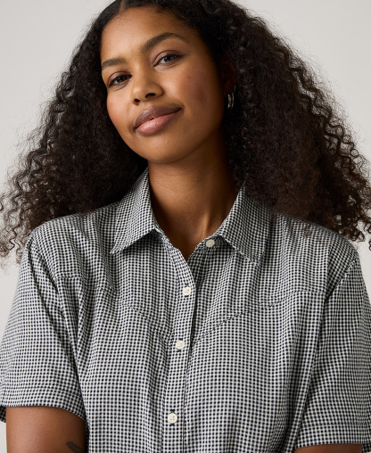 Levi's Women's Cielle Short-Sleeve Collared Mini Dress - Ceicil Even Micro Check Peacoat