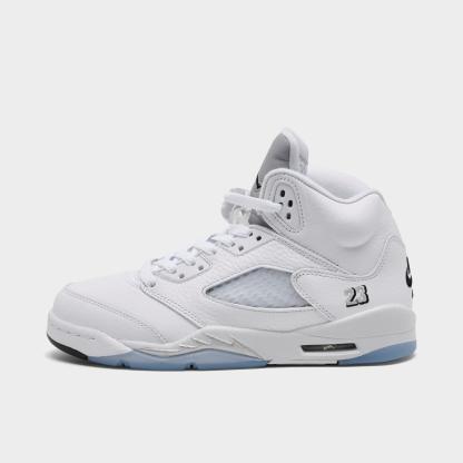 Big Kids' Air Jordan Retro 5 Basketball Shoes - White/Metallic Silver/Black - Left shoe facing left. Outside of the shoe. - view 1
