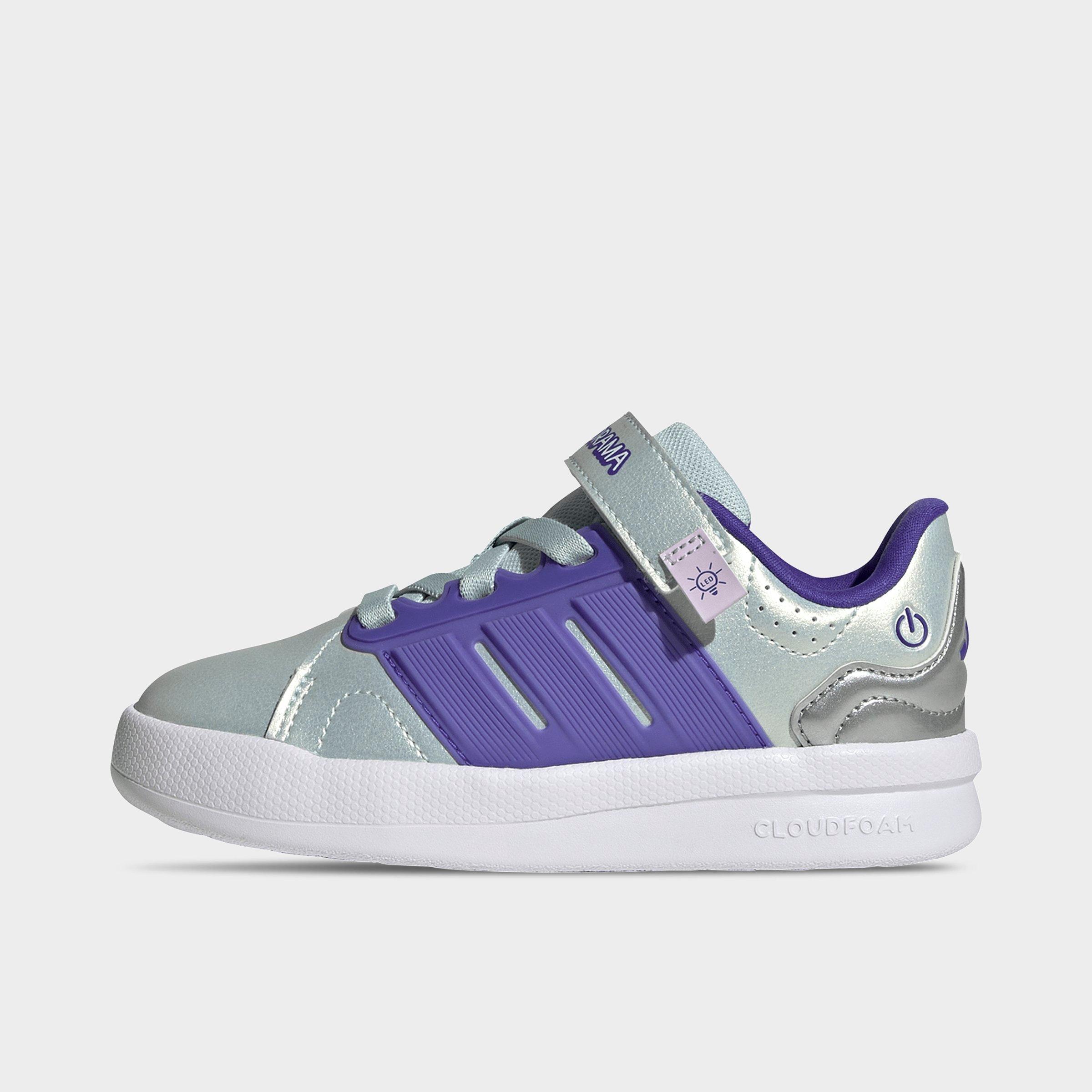 Little Kids' adidas x Minecraft Lightorama Court Stretch Lace Hook-And-Loop Casual Shoes - Halo Mint/Solar Purple/Ice Lavender - Left shoe facing left. Outside of the shoe.