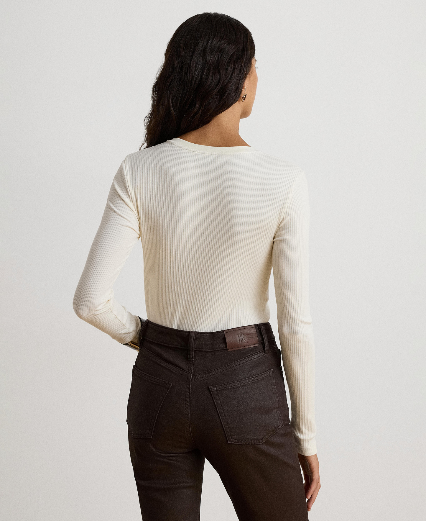 Lauren Ralph Lauren Women's Rib-Knit Long-Sleeve V-Neck Top - Mascarpone Cream