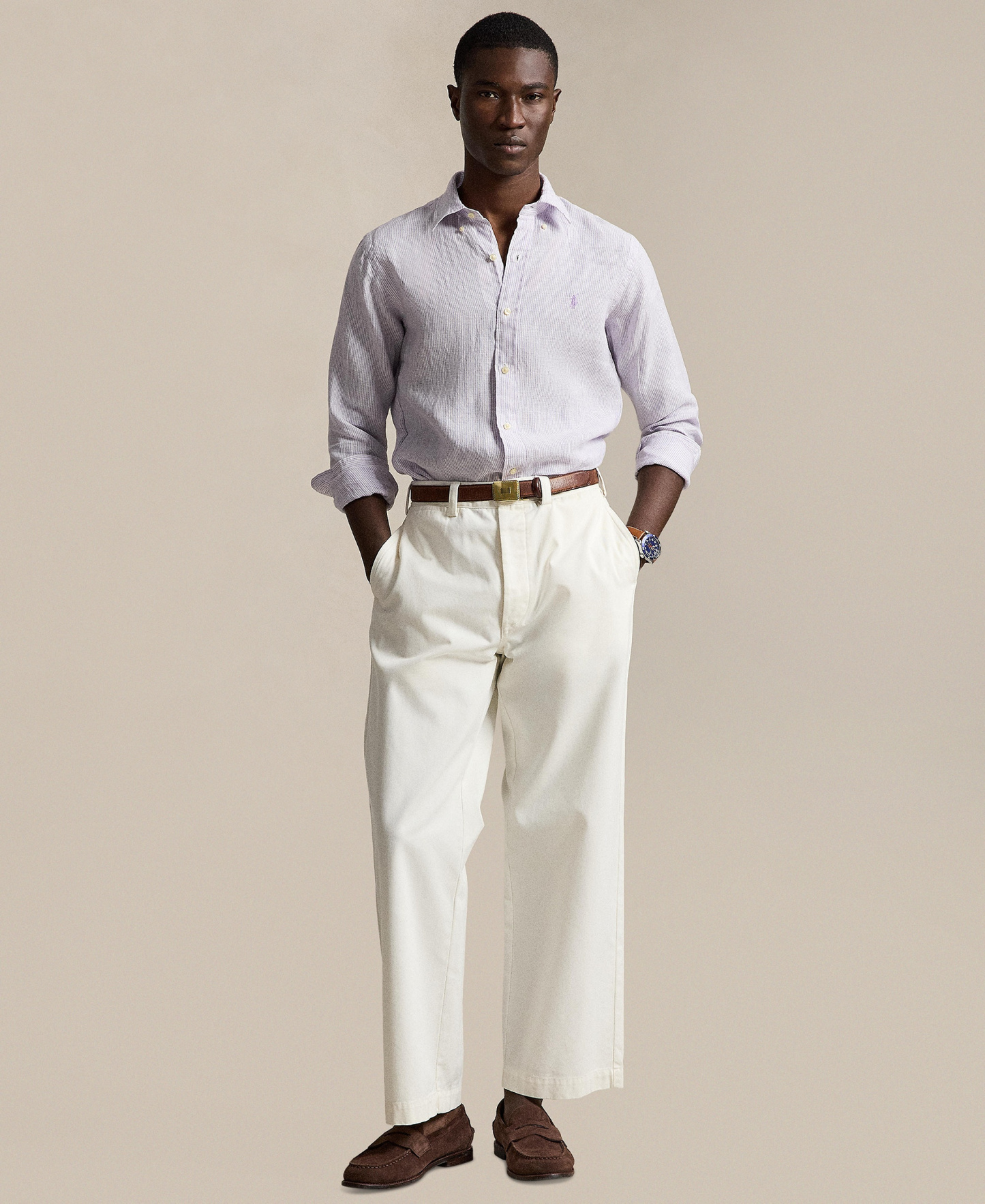 Polo Ralph Lauren Men's Striped Linen Classic-Fit Shirt - Powder Purple/White
