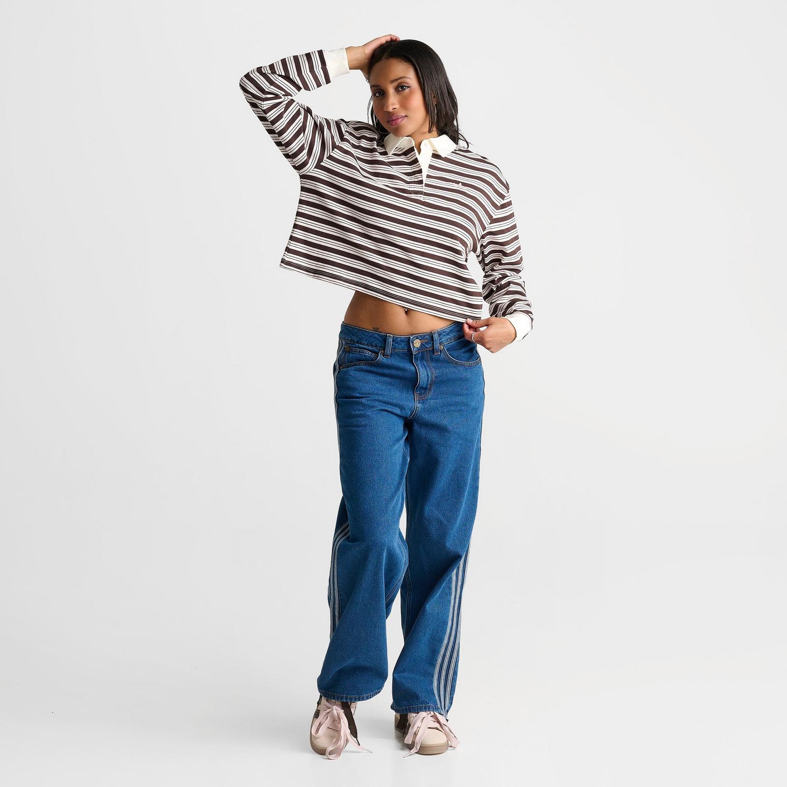 Women's adidas Originals Striped OVZD Long-Sleeve Polo T-Shirt - Aurora Coffee/Sandy Brown - view 2