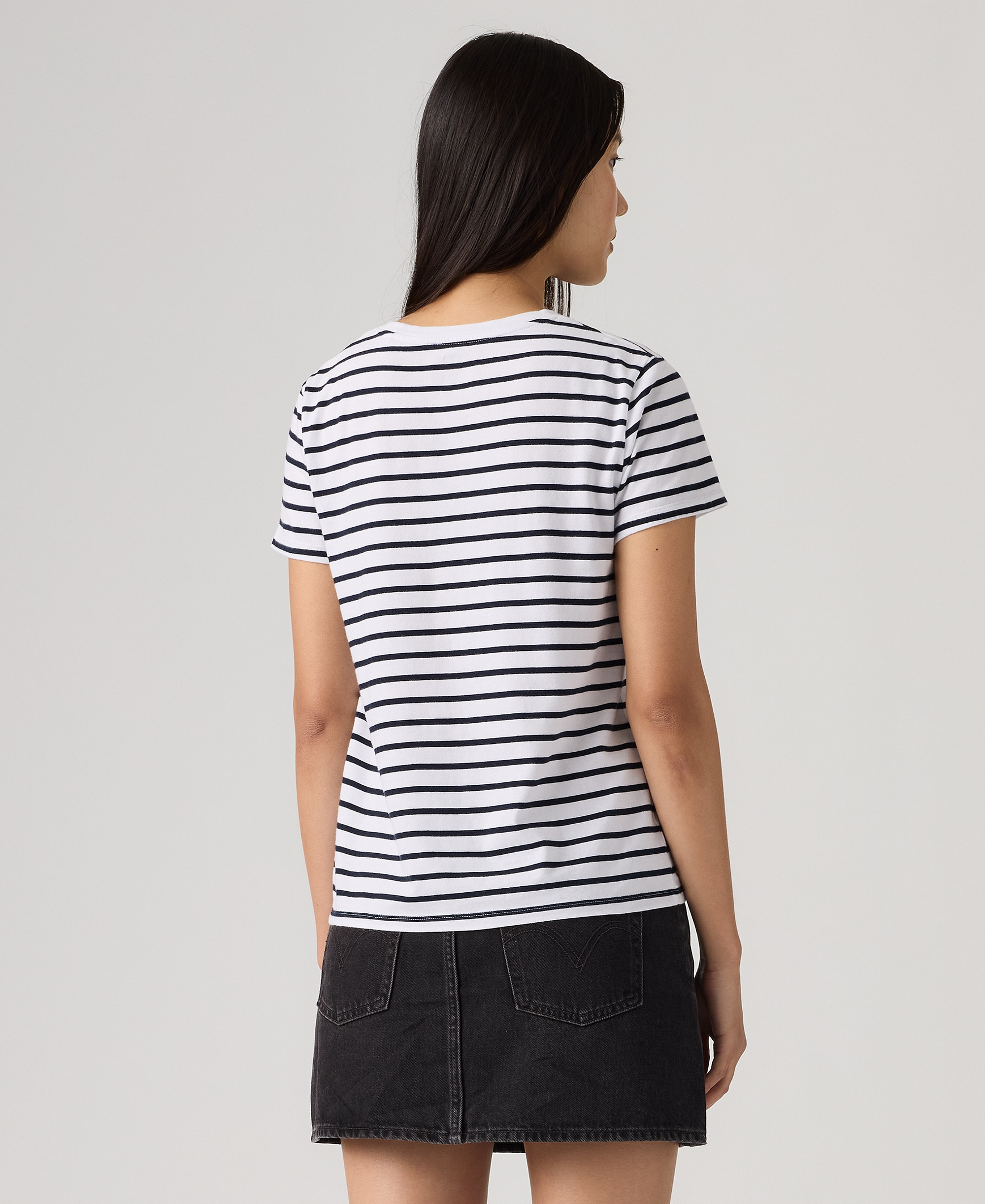 Levi's Women's The Perfect Crew Neck Cotton T-Shirt - Emily Stripe Bright White Navy Blazer
