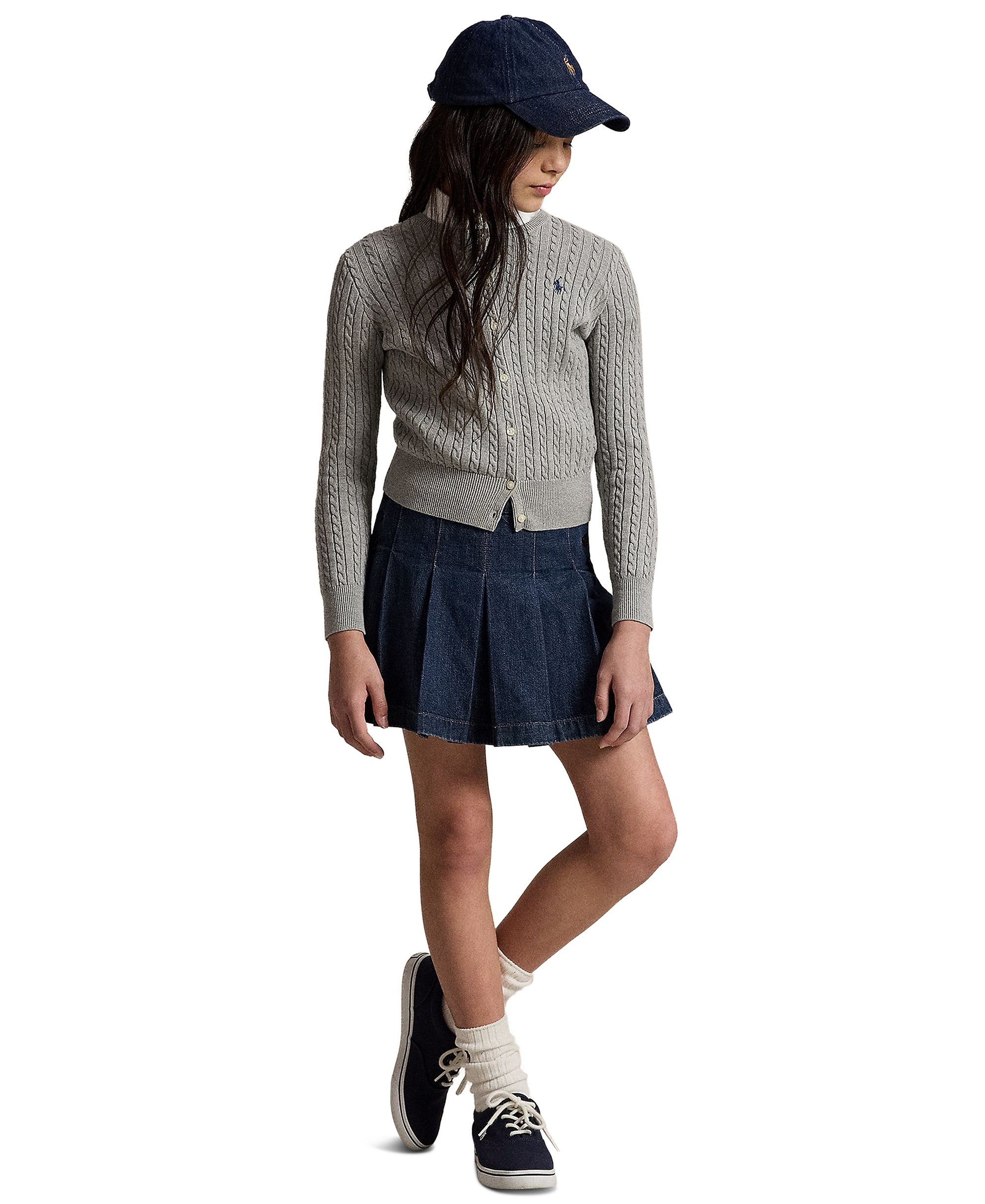 Polo Ralph Lauren Girls' 7-16 Mini-Cable Cardigan - Andover Heather/Navy