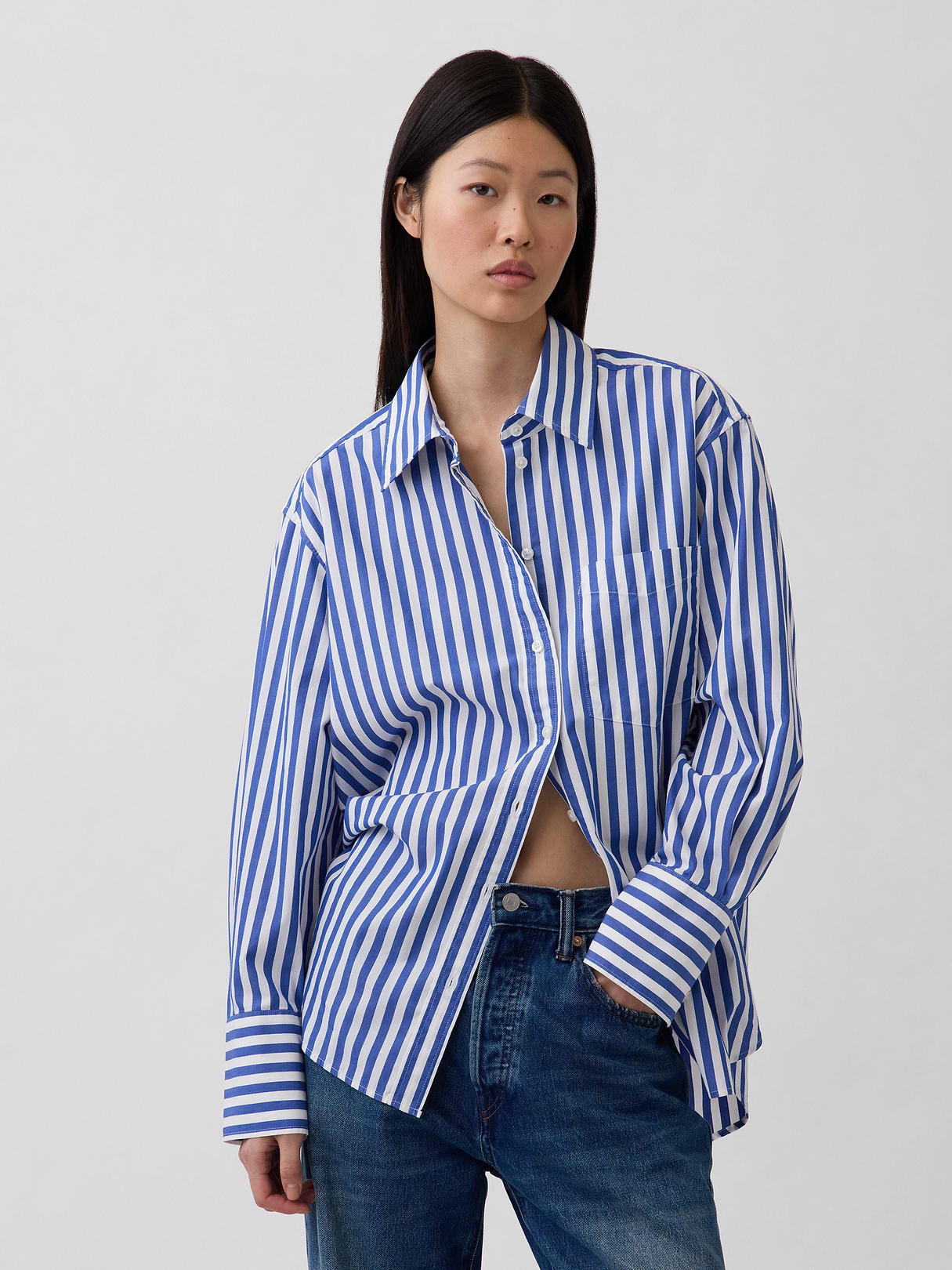 Organic Cotton Poplin Big Shirt - Blue stripe