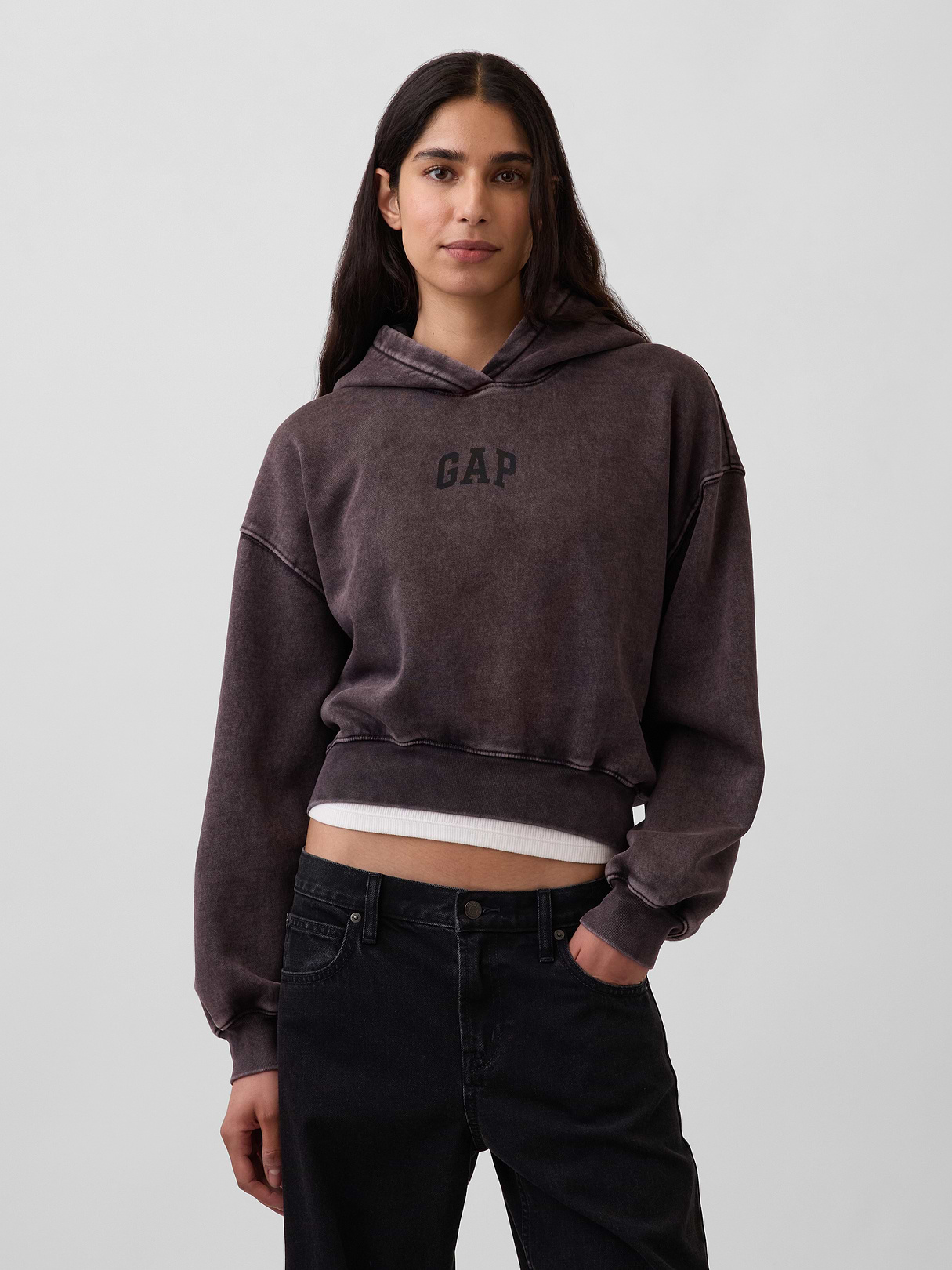 VintageSoft Crop Logo Hoodie - Moonless night