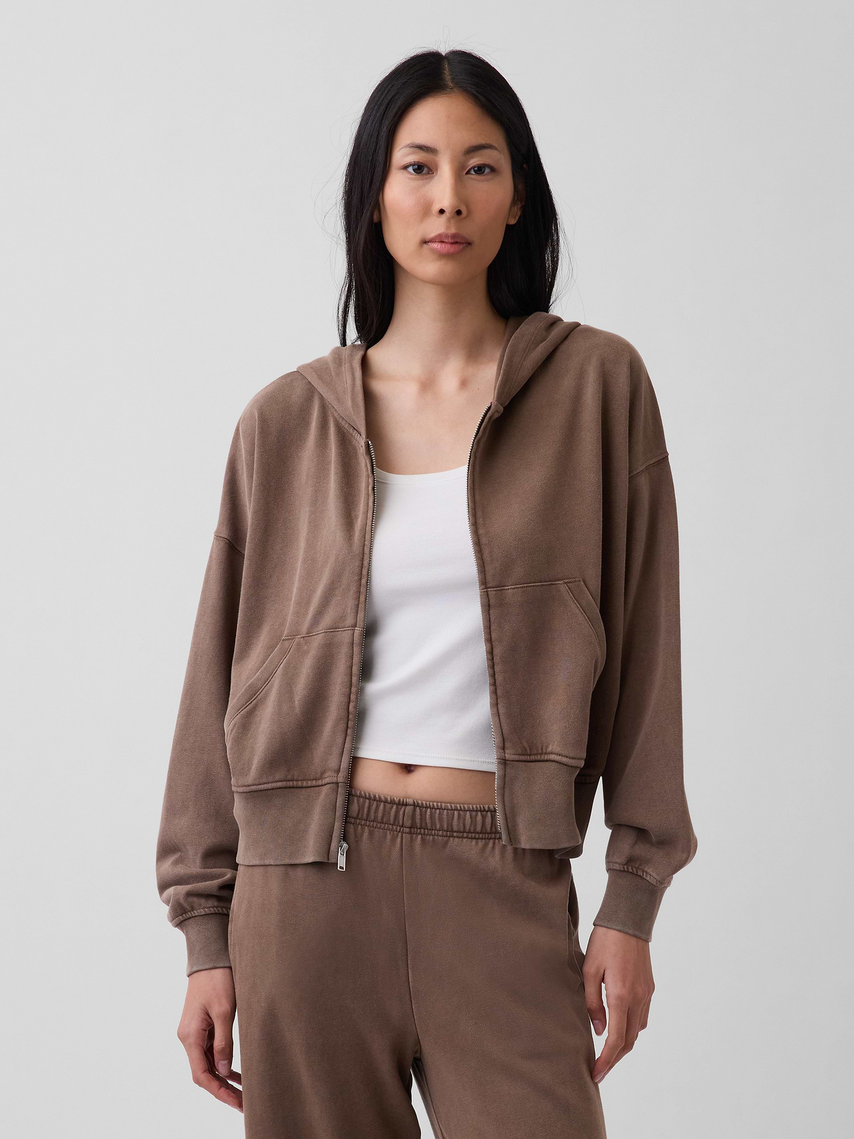 VintageSoft Terry Oversized Wedge Zip Hoodie - Brown