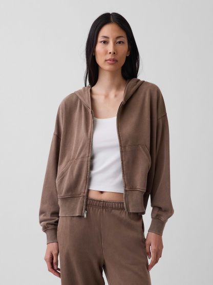VintageSoft Terry Oversized Wedge Zip Hoodie - Brown
