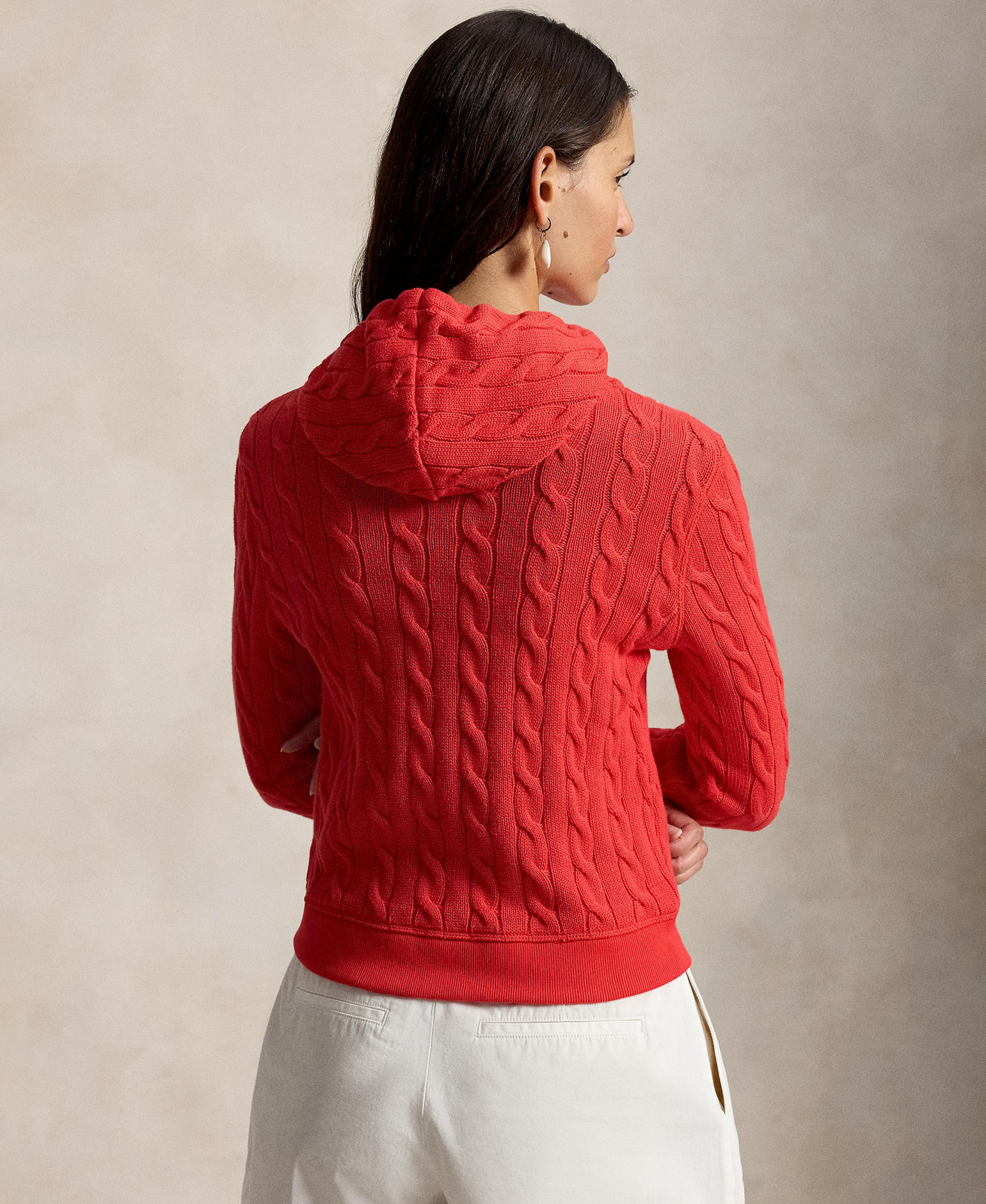 Polo Ralph Lauren Women's Cable-Knit Cotton Full-Zip Hoodie Sweater - Bright Hibiscus