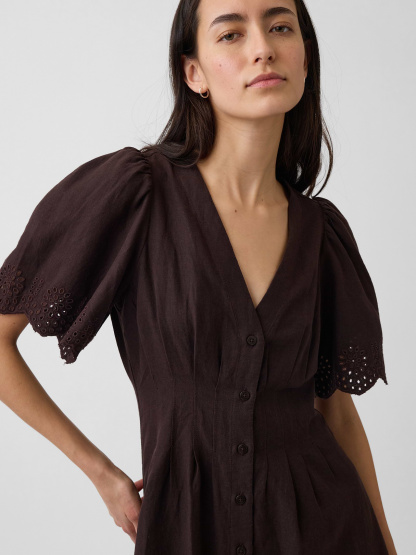 Linen-Blend Cinched Mini Shirtdress - Terra brown