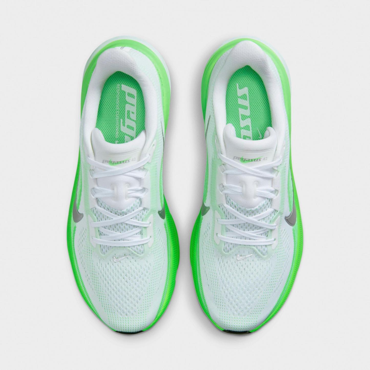 Women's Nithtke Pegasus 42 Running Shoes - Part 1 - White/Green Strike/Illusion Green/Metallic Silver - Top view