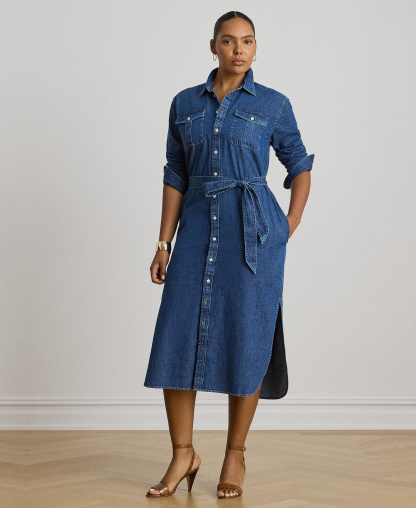 Lauren Ralph Lauren Women's Collared Belted Denim Midi Shirt-Dress - Harvest Wash