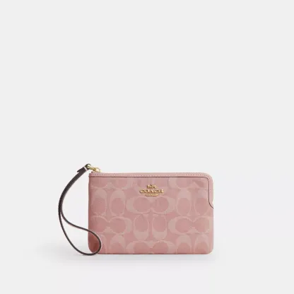 Corner Zip Wristlet In Signature Denim - Gold/Light Pink
