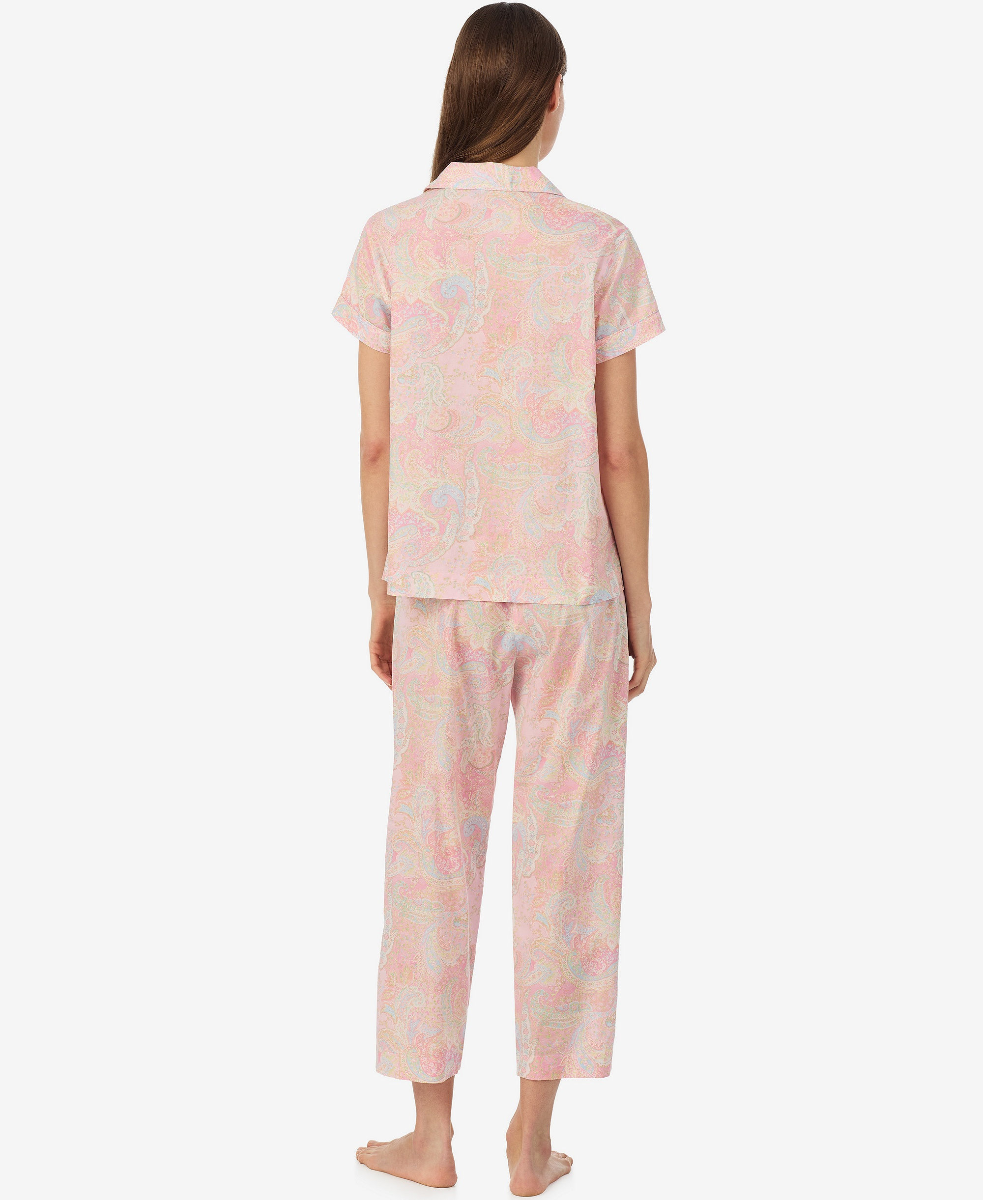 Lauren Ralph Lauren Women's Notch Collar Top and Cropped Pajama Pants, 2-Piece Set - Pink Paisley