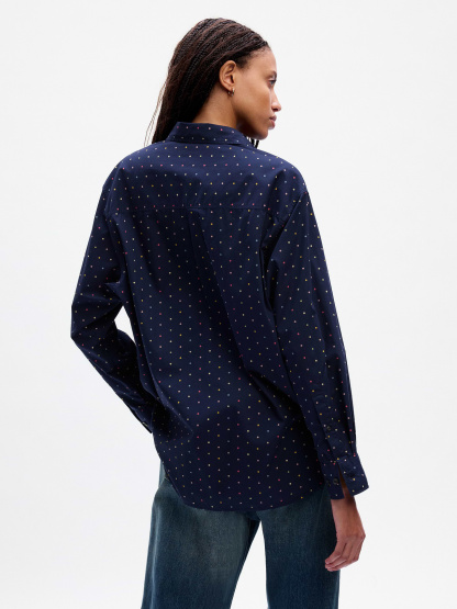 Organic Cotton Poplin Stripe Big Shirt - navy blue multi dot