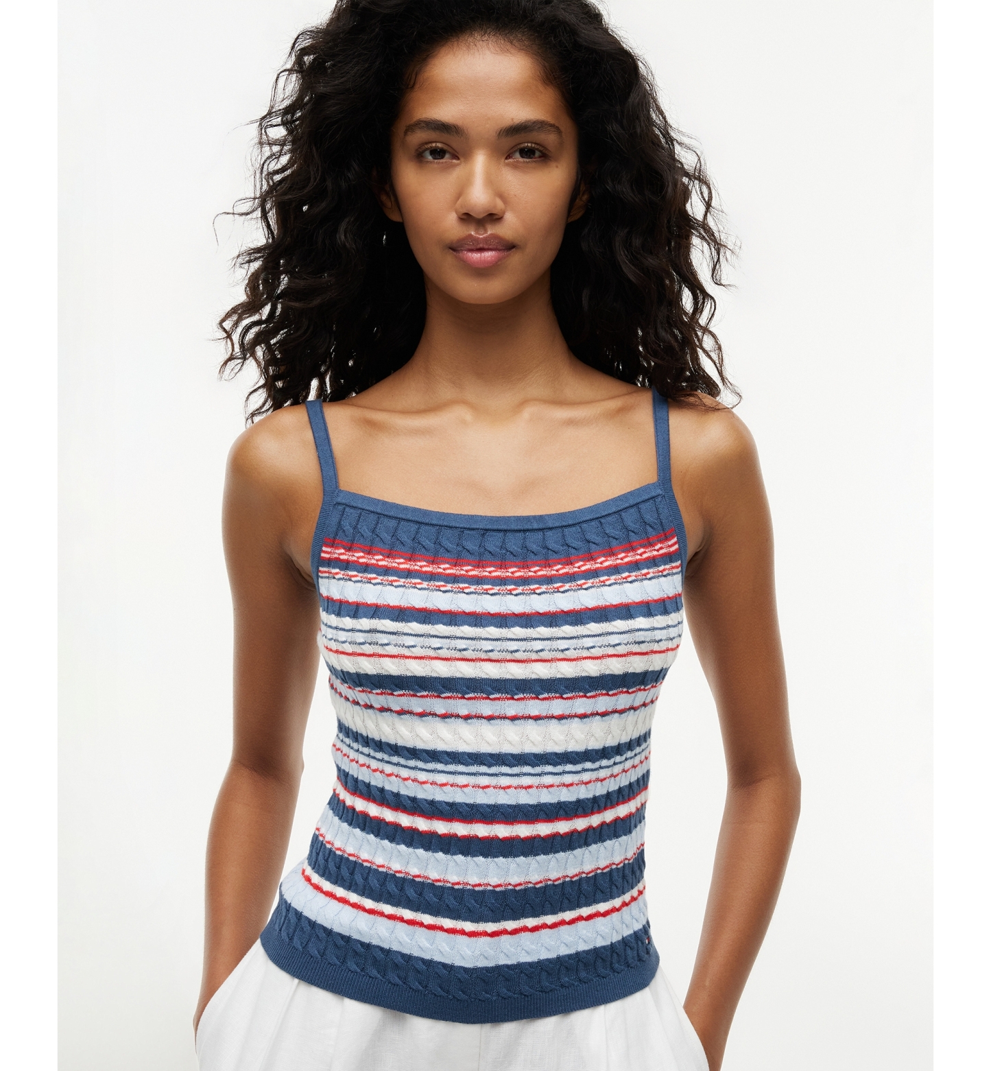 Tommy Hilfiger Women's Cotton Cable Strap Top - Blue/Red Multi Stripe