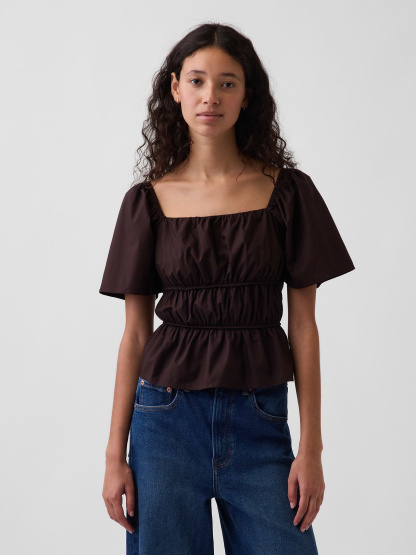 Square-Neck Peplum Top - Brown