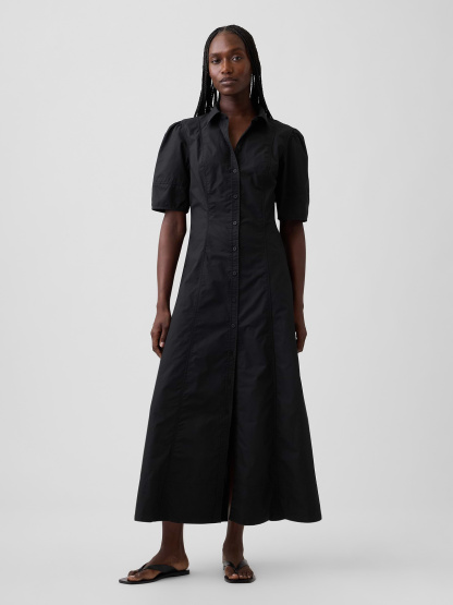 Barrel-Sleeve Maxi Shirtdress - True black