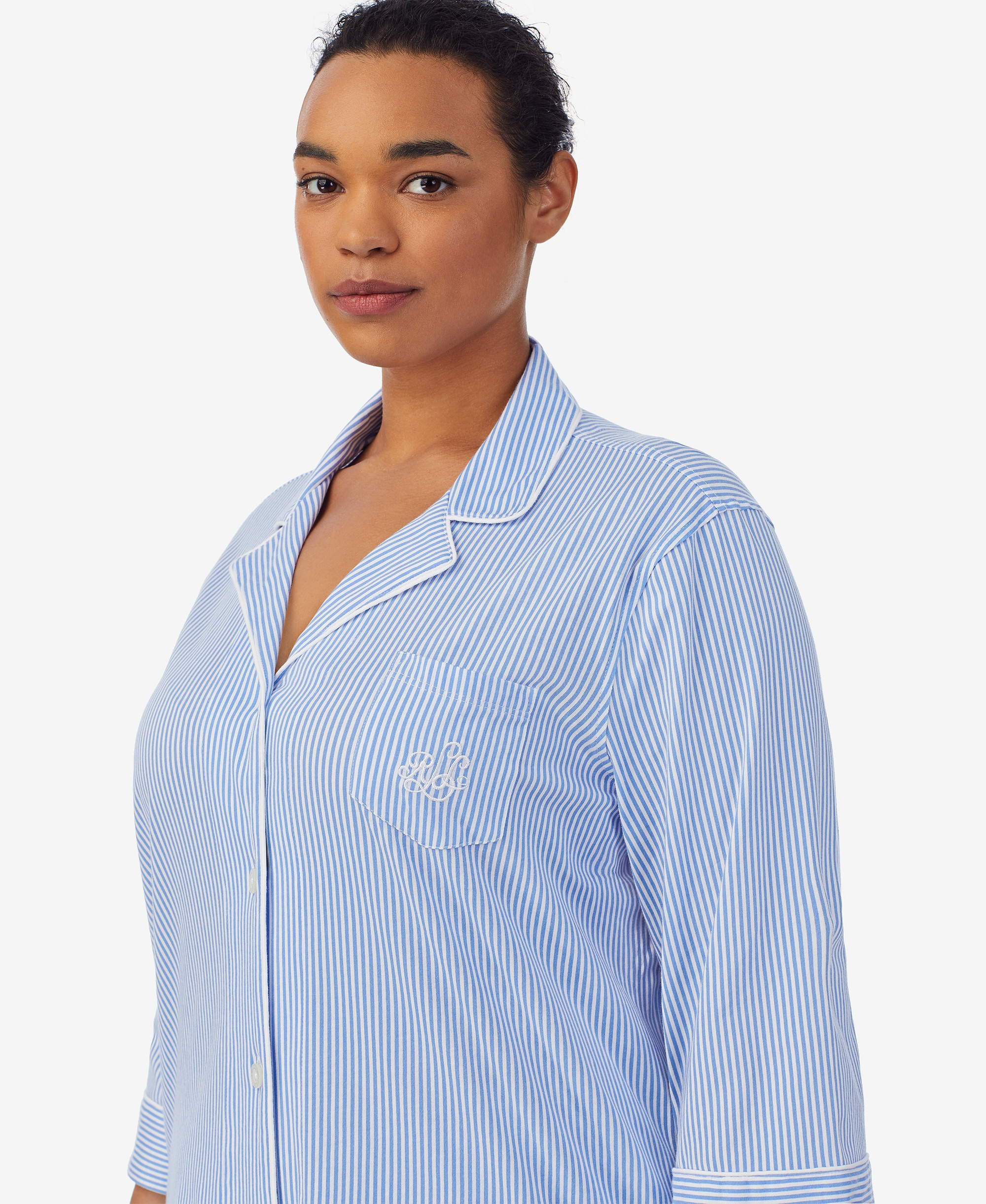 Lauren Ralph Lauren Womens 3/4 Sleeve Cotton Notch Collar Capri Pant Pajama Set - French Blue Stripe