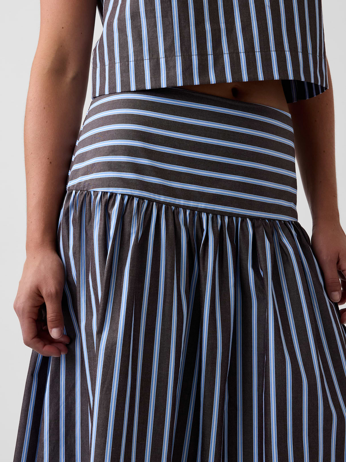 Poplin Drop-Waist Maxi Skirt - Blue & brown stripe