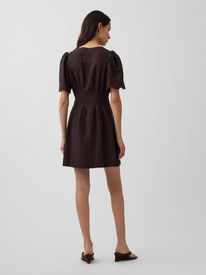 Linen-Blend Cinched Mini Shirtdress - Terra brown
