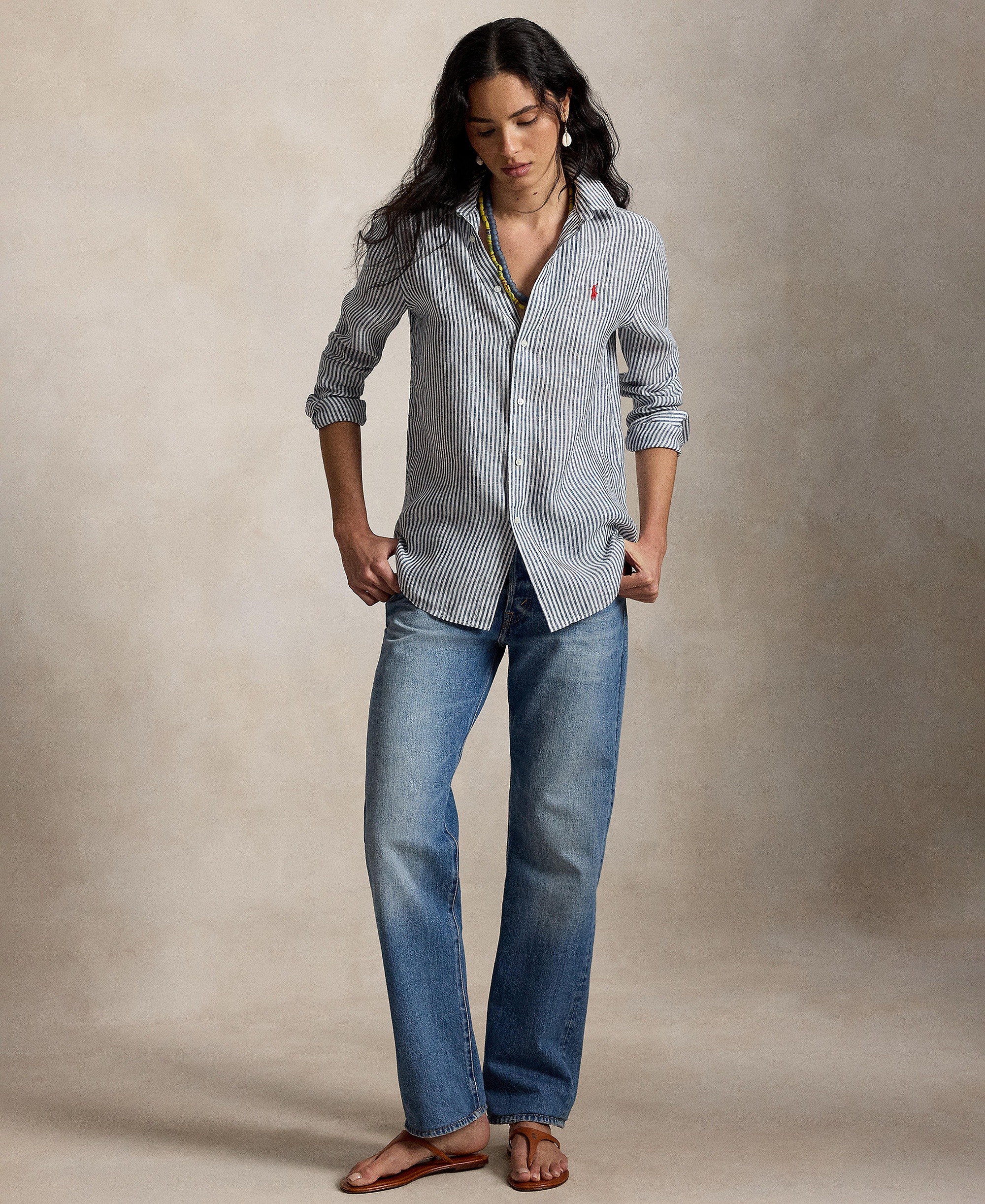 Polo Ralph Lauren Women's Classic-Fit Striped Linen Shirt - Navy/White