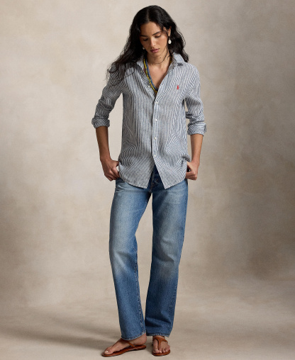 Polo Ralph Lauren Women's Classic-Fit Striped Linen Shirt - Navy/White