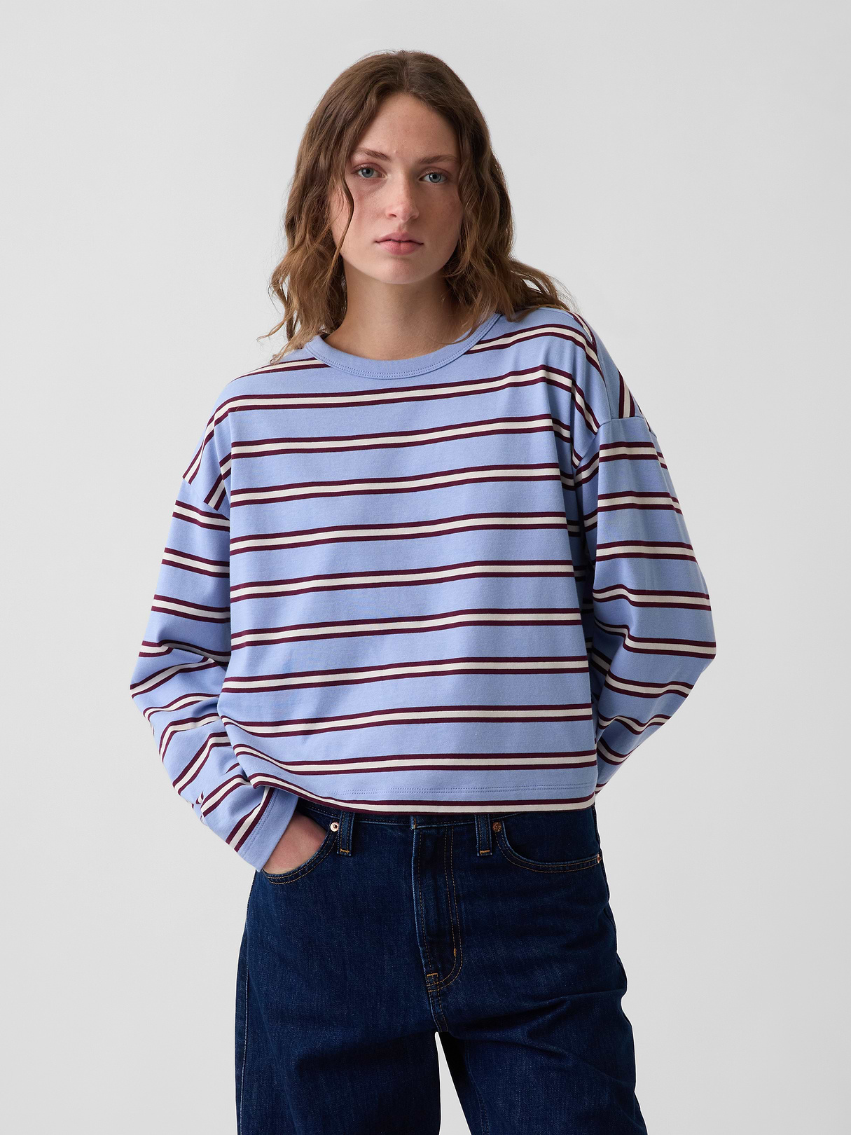 Knit Oversized Crop T-Shirt - Blue & purple burgundy stripe