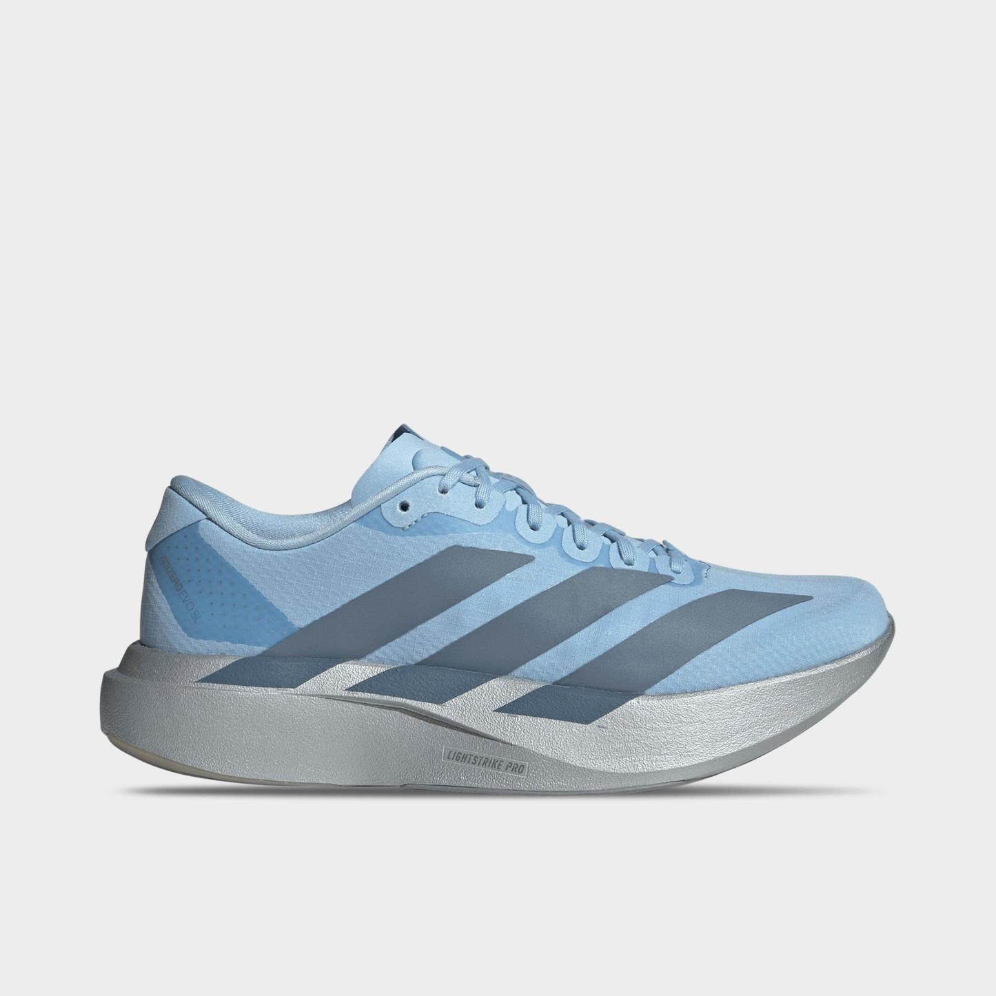 Women's adidas Adizero EVO SL Woven Running Shoes - Part 1 - Clear Sky/Grey Two/Silver Metallic - Left shoe facing left. Outside of the shoe.