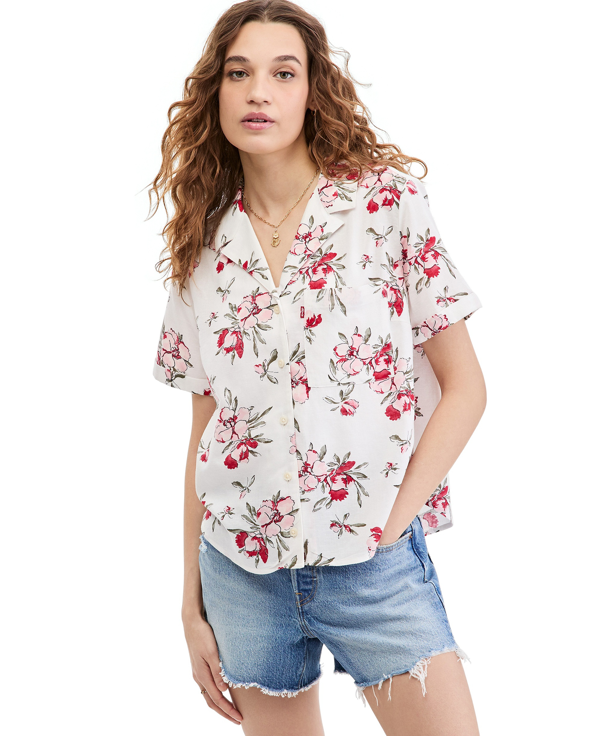 Levi's Women's Bennie Short-Sleeve Camp Shirt - Blake Brushstroke Floral Coral Blush