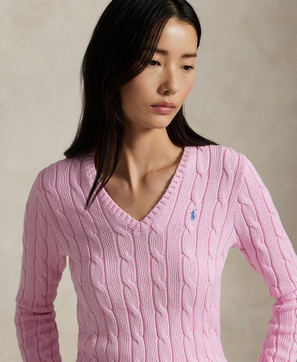Polo Ralph Lauren Women's Cable-Knit Cotton V-Neck Sweater - Carmel Pink