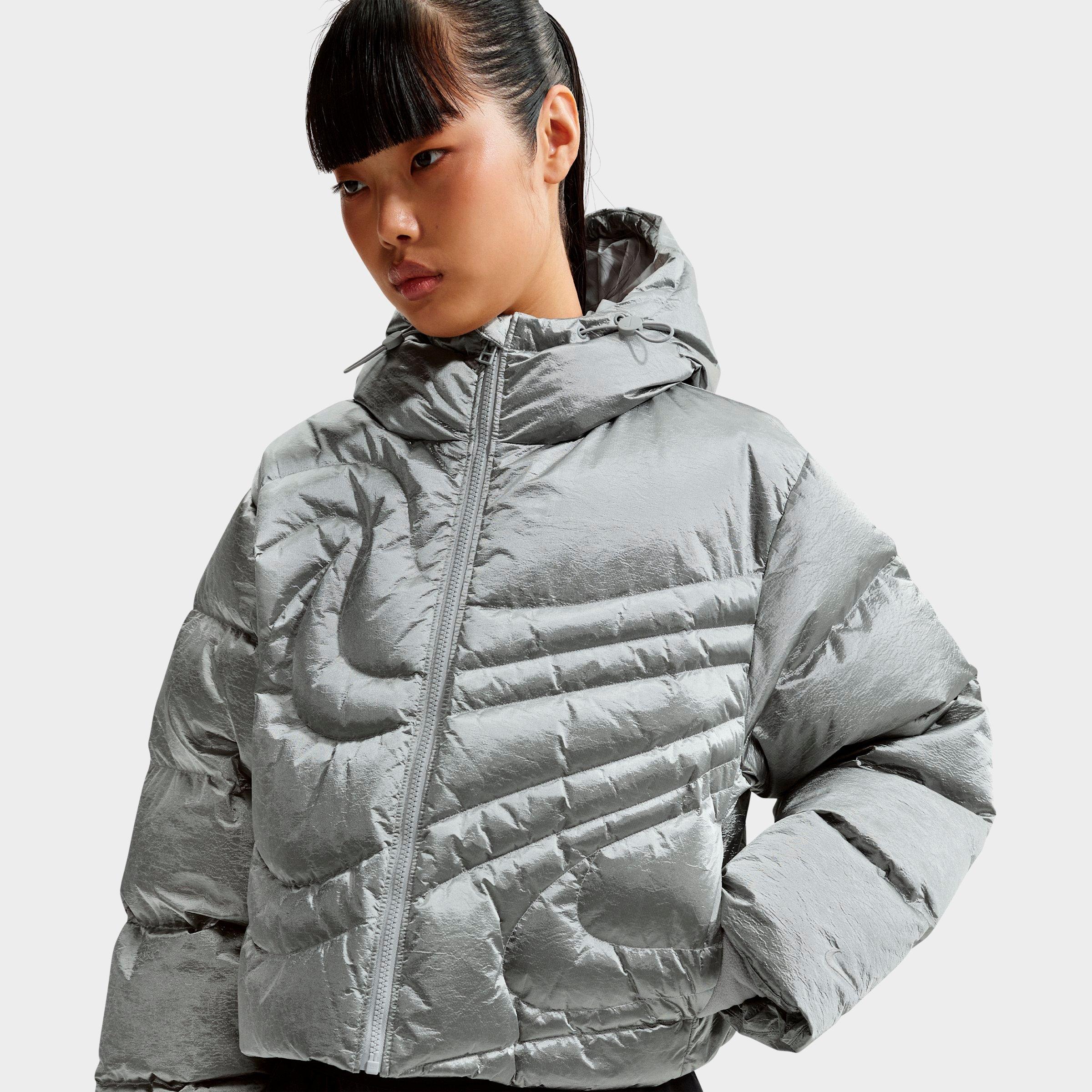Women's Nithtke Sportswear Swoosh Series Therma-FIT Oversized Full-Zip Down Puffer Jacket - Metallic Silver/Light Smoke Grey