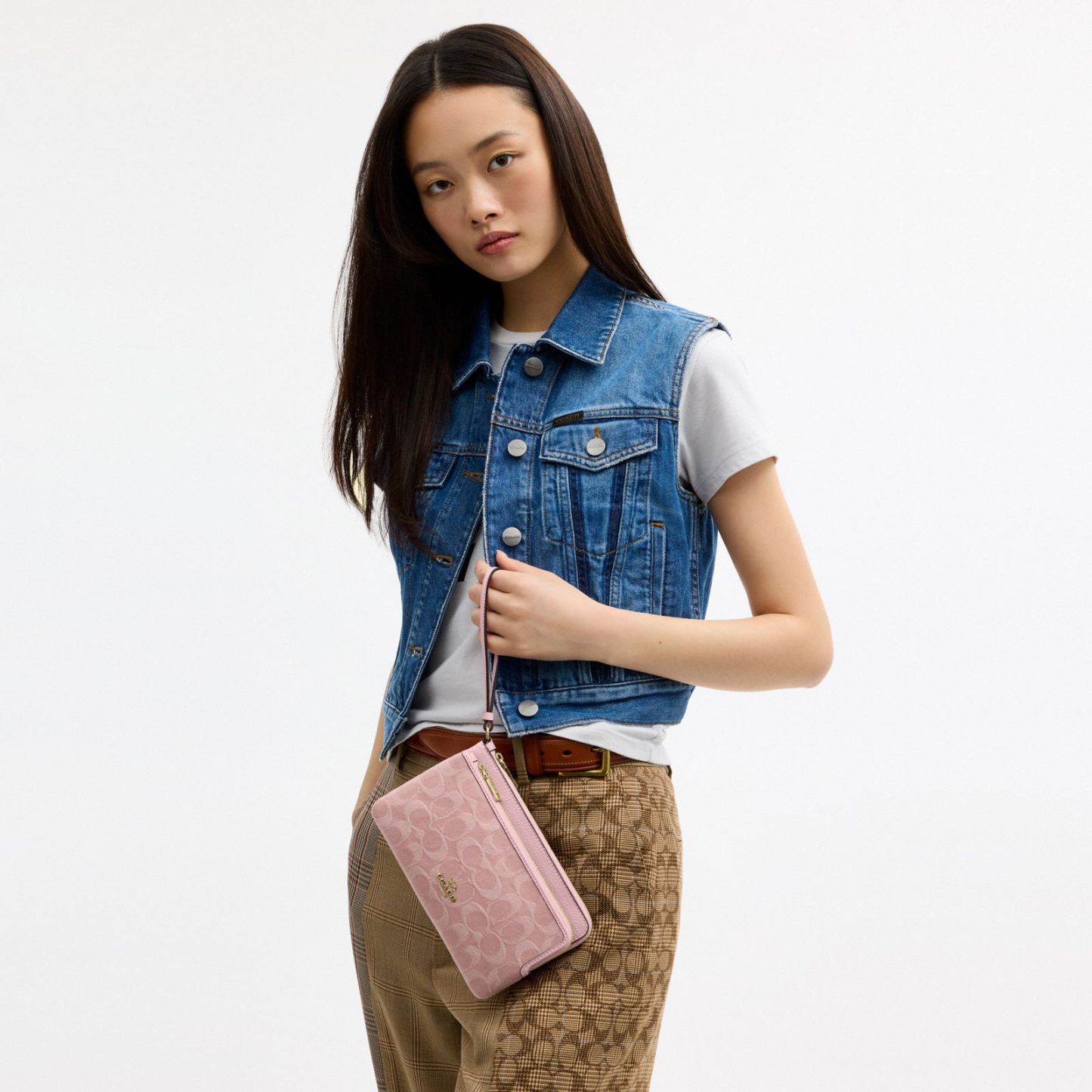Double Zip Wallet In Signature Denim - Gold/Light Pink - view 2