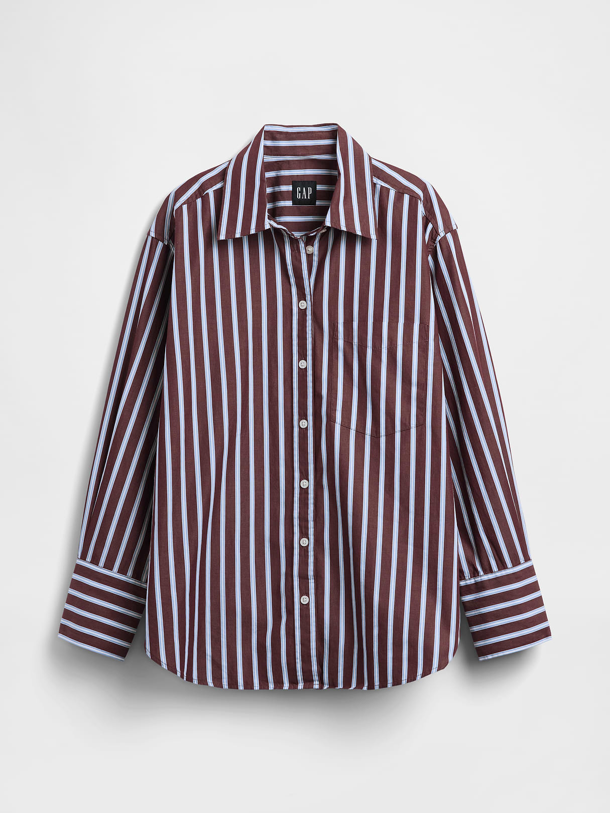 Organic Cotton Poplin Stripe Big Shirt - Brown & blue stripe