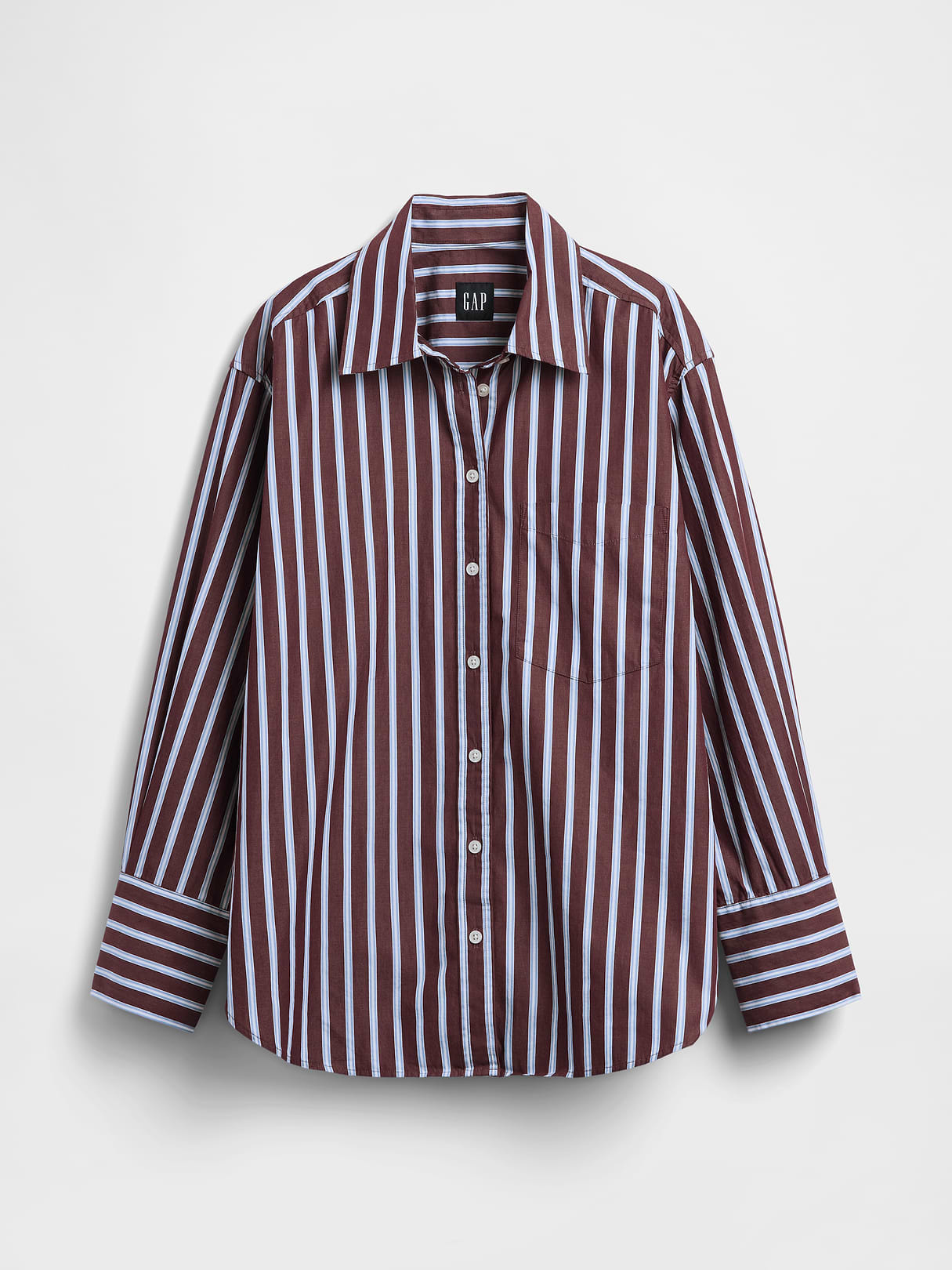 Organic Cotton Poplin Stripe Big Shirt - Brown & blue stripe