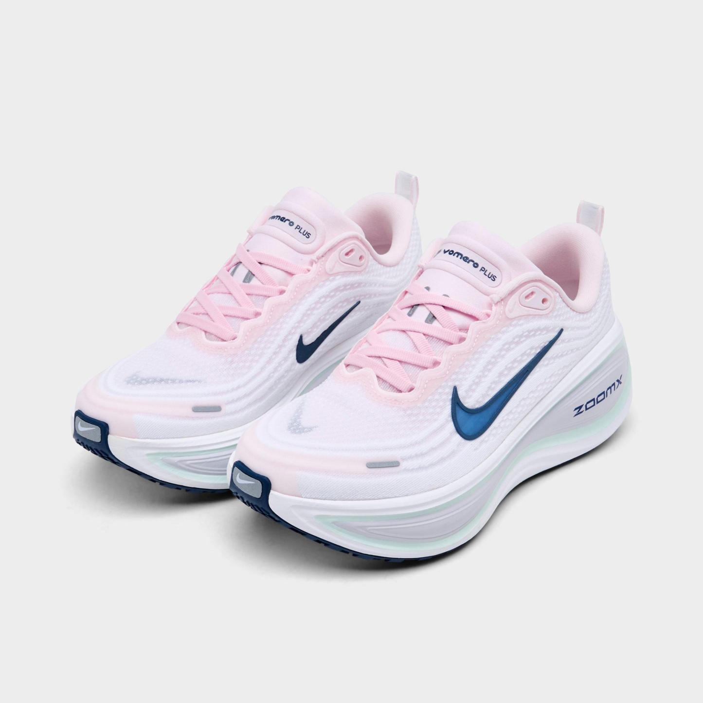 Women's Nithtke Vomero Plus Running Shoes - Part 1 - Pearl Pink/Midnight Blue/Barely Green/White - Both shoes facing left