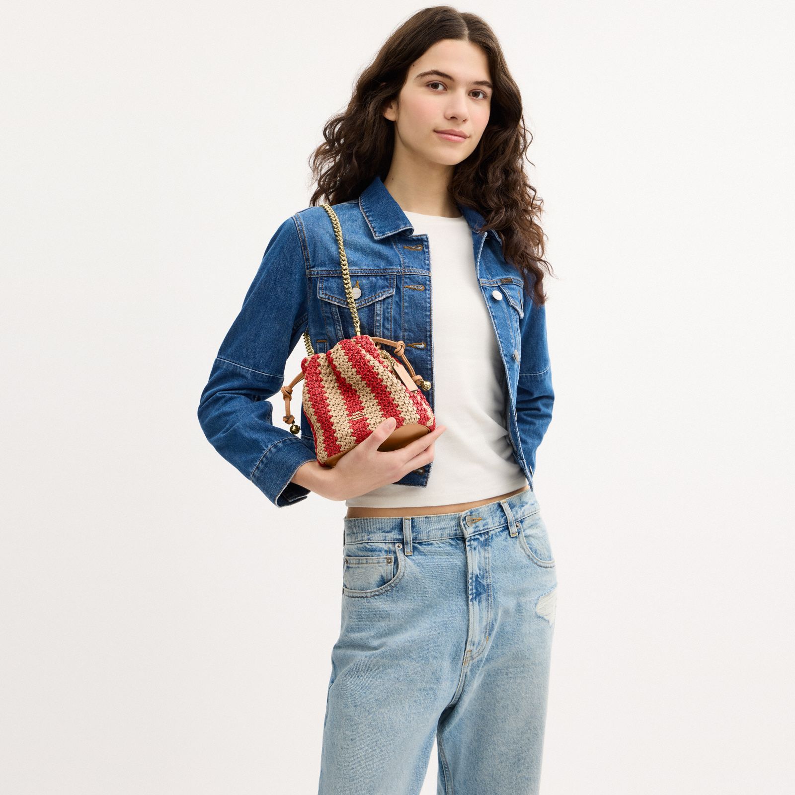 Faye Mini Drawstring Bag With Stripes - Gold/Red/Tan - view 2