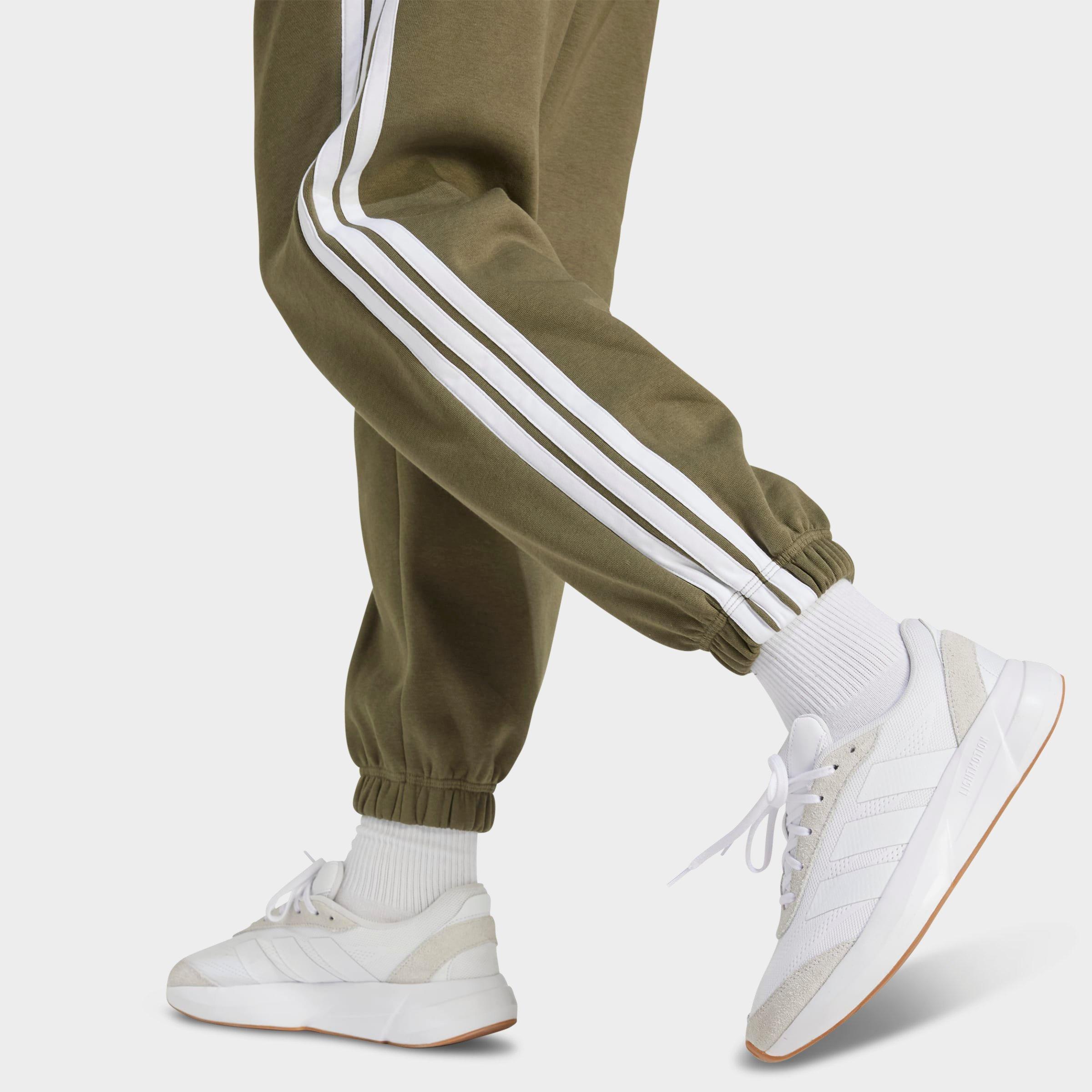 Women's adidas Essentials 3-Stripes Fleece Loose Pants - Olive Strata/White