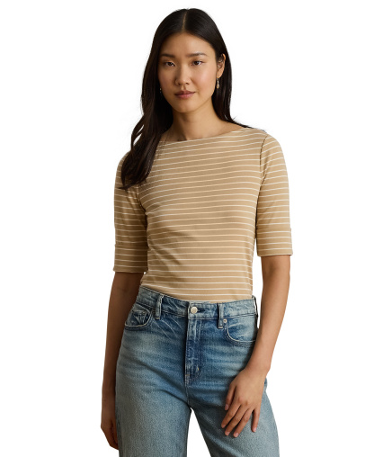 Lauren Ralph Lauren Women's Striped Boat Neck Top - Birch Tan/mascarpone Cream