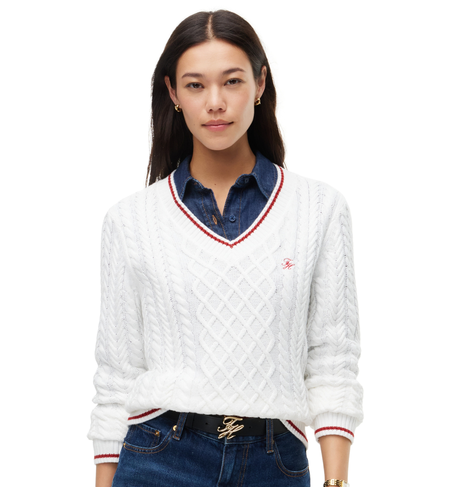 Tommy Hilfiger Women's Cable-Knit V-Neck Sweater - Ecru